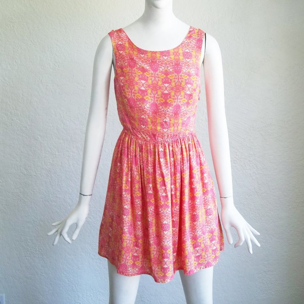 FOREVER 21 Y2K Paisley Floral Pink Coral Cut Out Back CrissCross Sun Dress S NWT